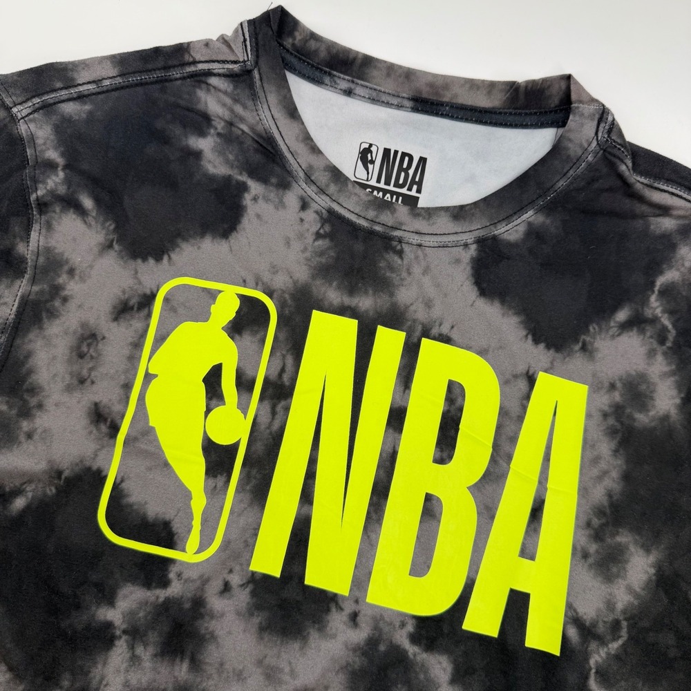 Mens NBA Tie Dye Long Sleeve Shirt Small Black Gray Neon‎ Yellow Logo